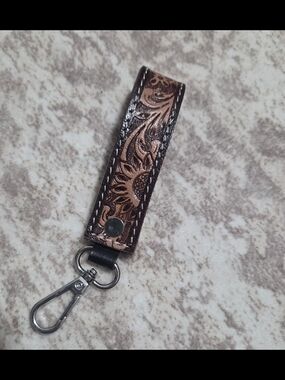 Leather Floral Embossed Key Fob - Brown
